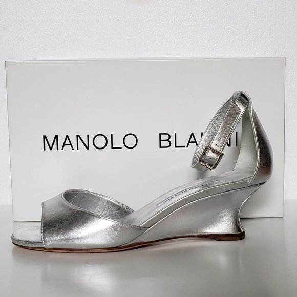 Manolo Blahnik Metallic Demi-Wedge Sandal, Silver - Picture 2 of 12